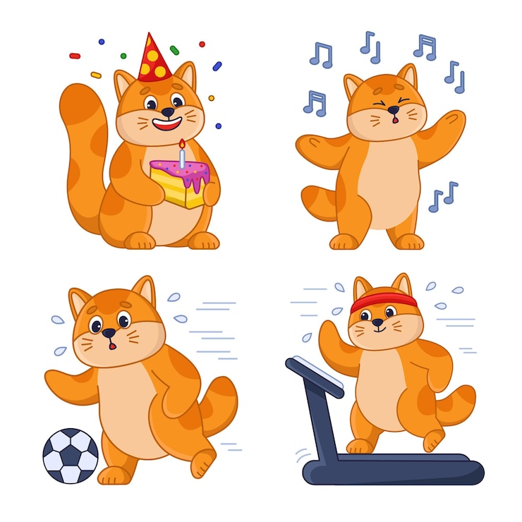 Vector gratuito conjunto de gato de dibujos animados celebrando cumpleaños corriendo en cinta de correr jugando al fútbol escuchando música