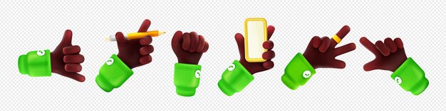 Conjunto de gestos de mano negra 3D png en transparente