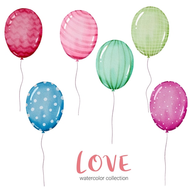 Vector gratuito conjunto de globo, elemento de concepto de san valentín acuarela aislado encantadores corazones rojo-rosa románticos para decoración, ilustración.