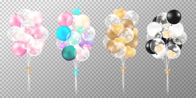 Conjunto de globos de colores realistas sobre fondo transparente.