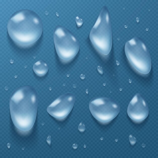 Conjunto de gotas de agua transparente rocío de diferentes formas