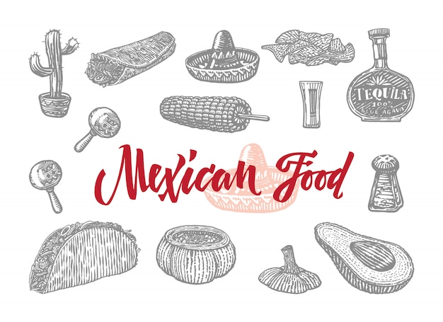 Vector gratuito conjunto grabado de comida mexicana