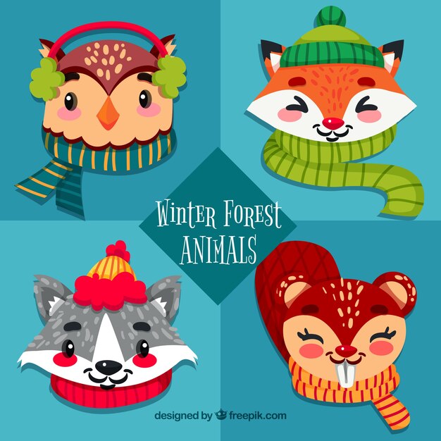 Conjunto gracioso de animales de bosque de invierno