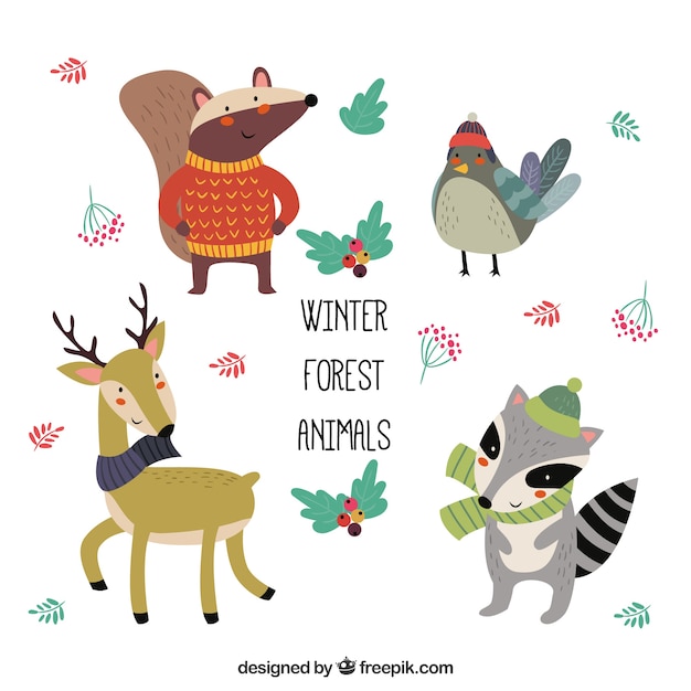 Conjunto de graciosos animales de invierno