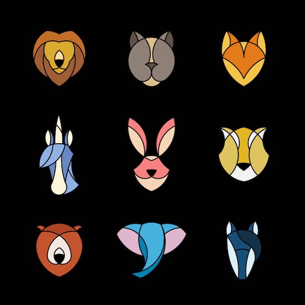 Conjunto de gráfico lineal de cabezas de animales.