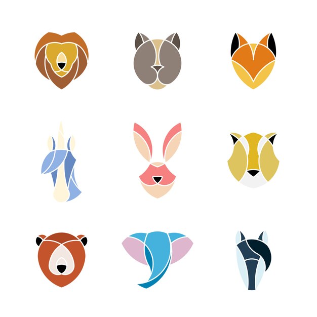 Conjunto de gráfico lineal de cabezas de animales.