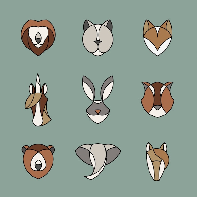 Conjunto de gráfico lineal de cabezas de animales.