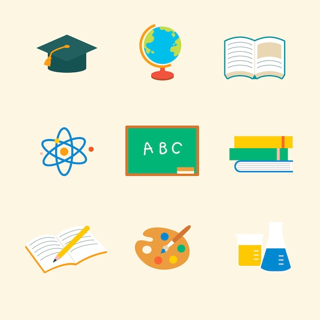 Conjunto gráfico plano de vector de icono educativo