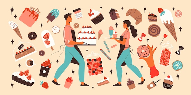 Conjunto grande de confitería con caramelos de helado planos pasteles tortas bayas café y dos personajes humanos de camareros aislados ilustración