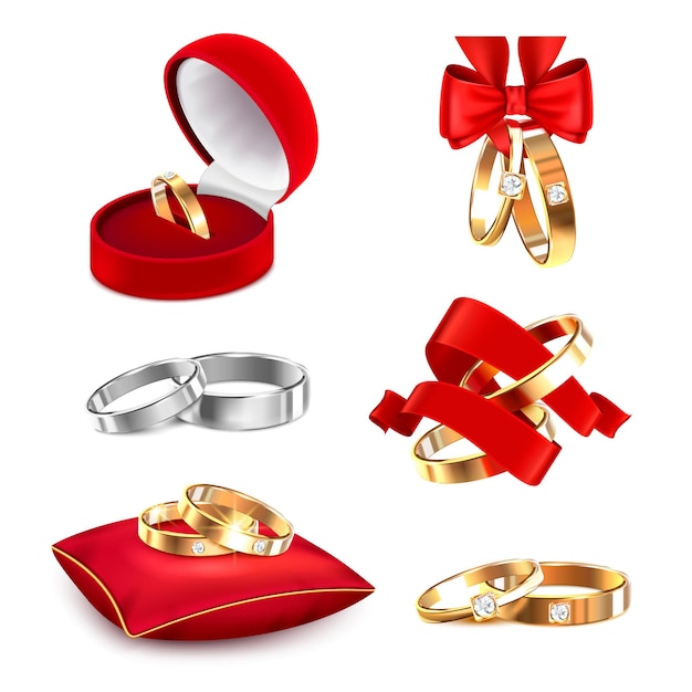 Conjunto grande realista de anillos de boda con imágenes aisladas de anillos de alianza cajas de cintas rojas y almohadas ilustración vectorial