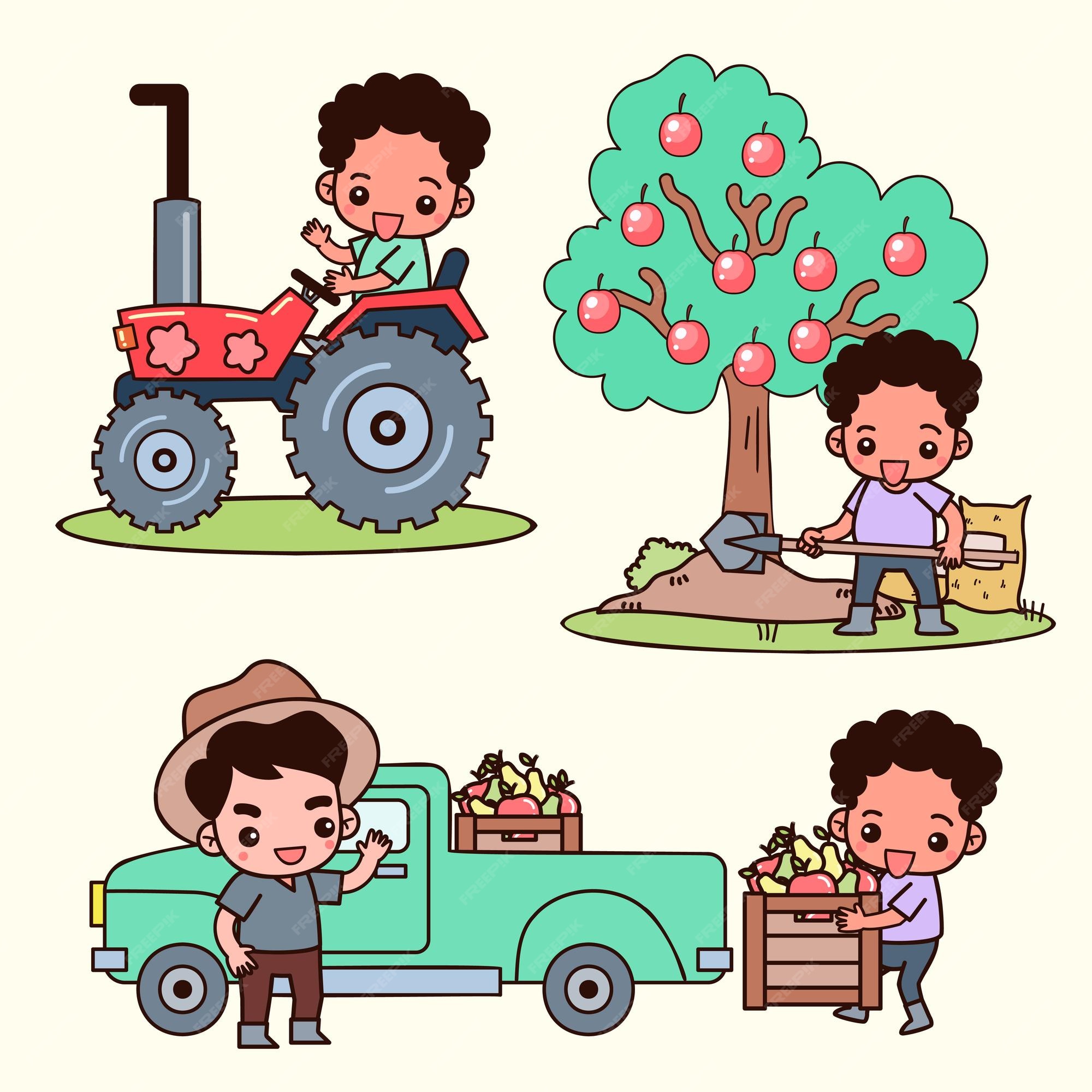 Conjunto de granja inteligente y agricultura joven agricultor y agricultura  y ganadería en ilustraciones de vectores de personajes de dibujos animados  | Vector Gratis