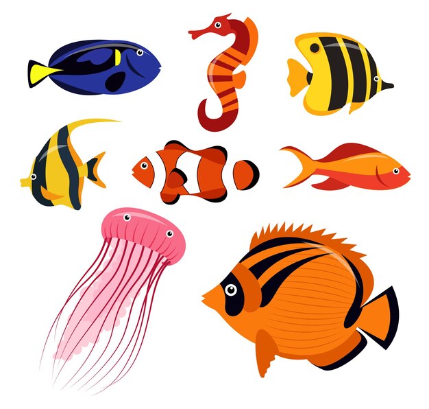 Conjunto de grupo de animales de criaturas marinas, peces, medusas y peces payaso en blanco