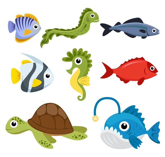 Conjunto de grupo de animales de criaturas marinas, pez payaso, pez ángel, caballitos de mar, tortugas en blanco