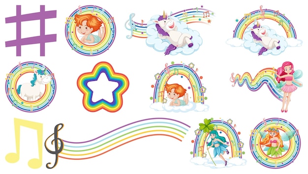 Conjunto de hadas de fantasía y cupidos con elementos de arco iris.