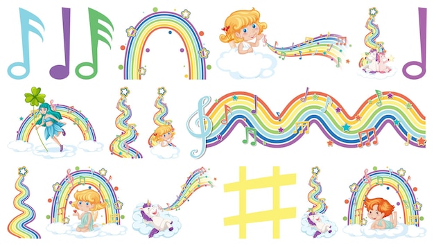 Conjunto de hadas de fantasía y cupidos con elementos de arco iris.