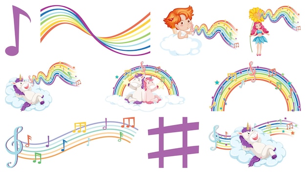 Conjunto de hadas de fantasía y cupidos con elementos de arco iris.