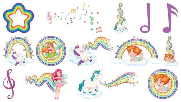 Conjunto de hadas de fantasía y cupidos con elementos de arco iris.