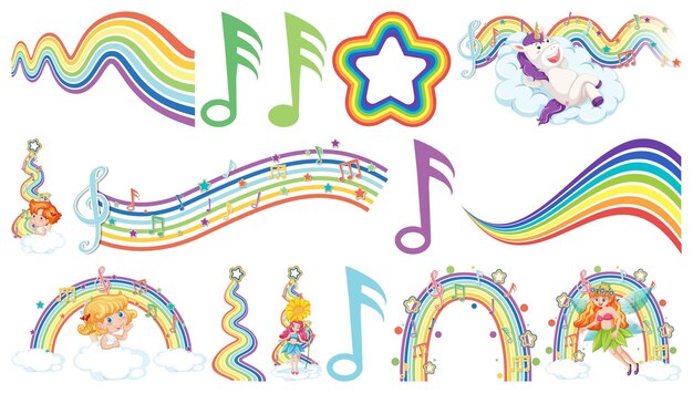 Conjunto de hadas de fantasía y cupidos con elementos de arco iris.