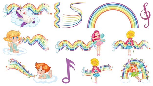 Conjunto de hadas de fantasía y cupidos con elementos de arco iris.