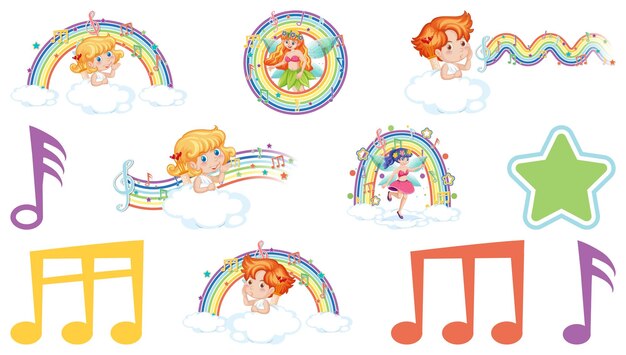 Conjunto de hadas de fantasía y cupidos con elementos de arco iris.