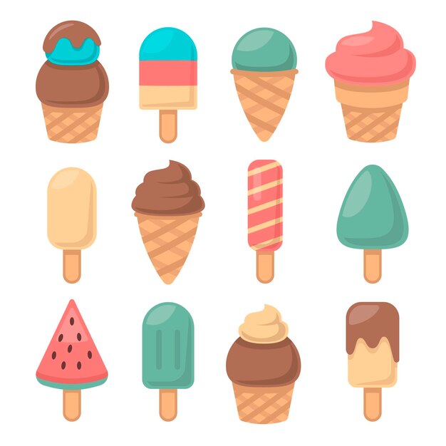 Conjunto de helado sabroso plano
