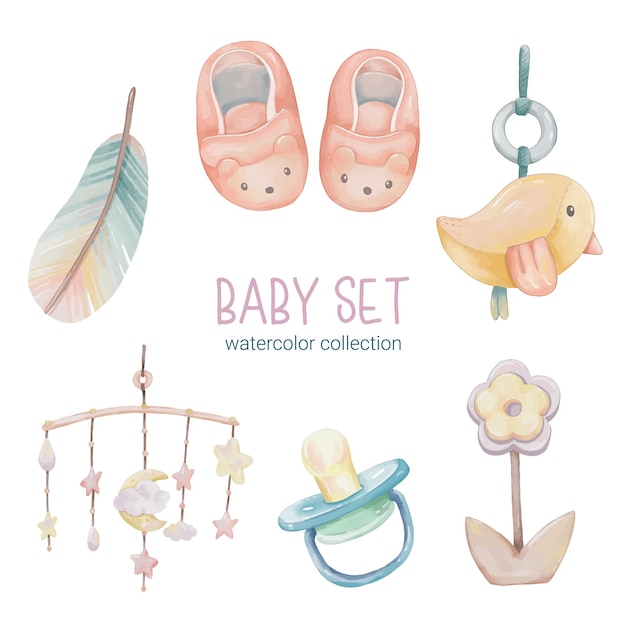 Vector gratuito conjunto de hermosas partes separadas de ropa, artículos para bebés y juguetes en colores de agua.