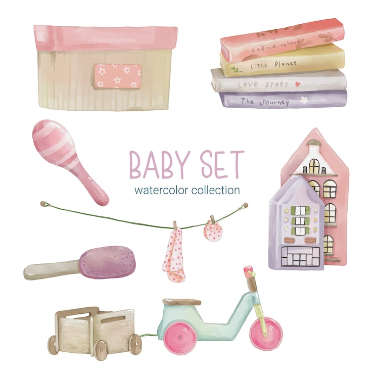 Conjunto de hermosas partes separadas de ropa, artículos para bebés y juguetes en colores de agua.