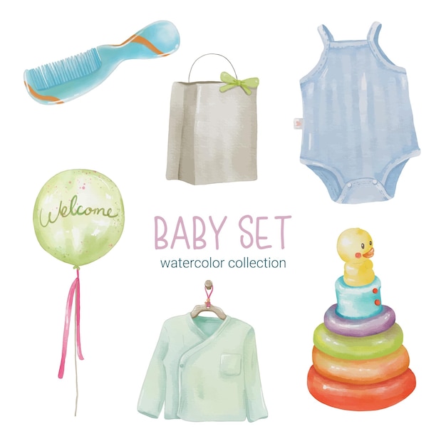 Conjunto de hermosas partes separadas de ropa, artículos para bebés y juguetes en colores de agua.