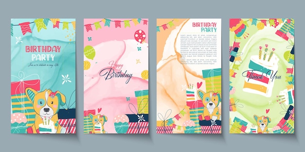 Vector gratuito conjunto de hermosas tarjetas de felicitación de cumpleaños con pasteles