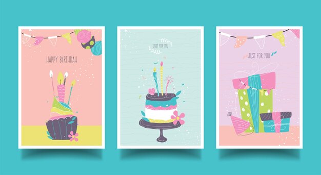 Conjunto de hermosas tarjetas de felicitación de cumpleaños con pasteles