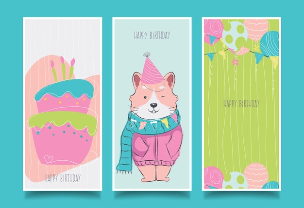 Conjunto de hermosas tarjetas de felicitación de cumpleaños con pasteles