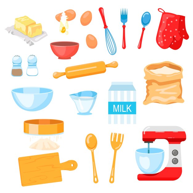 Conjunto de herramientas e ingredientes para hornear ilustraciones.