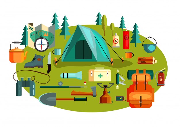 Conjunto de herramientas y equipo de camping.