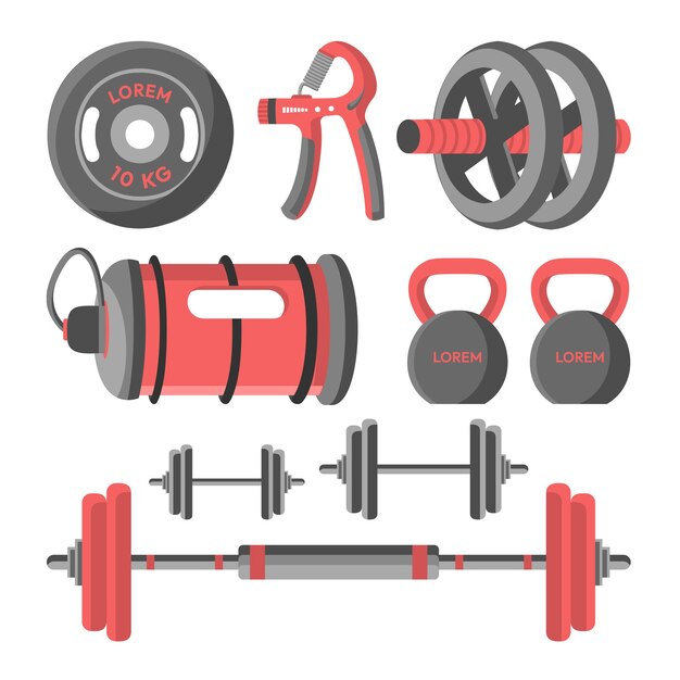 Conjunto de herramientas de equipos de fitness y gimnasio para entrenamiento deportivo.