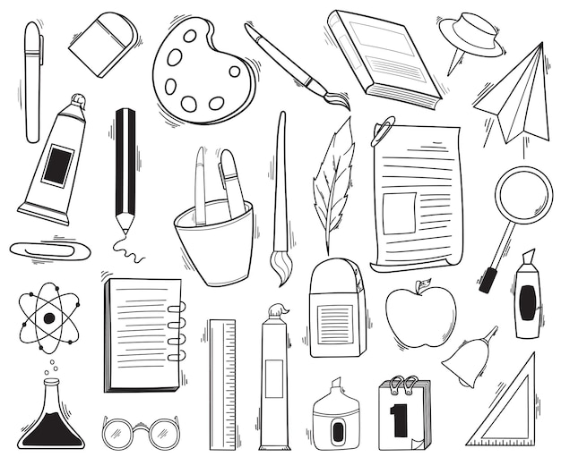 Conjunto de herramientas escolares de ilustraciones de garabatos dibujadas a mano