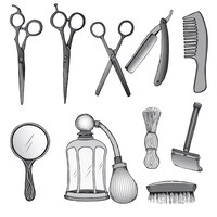 Vector gratuito conjunto de herramientas de peluquería vintage