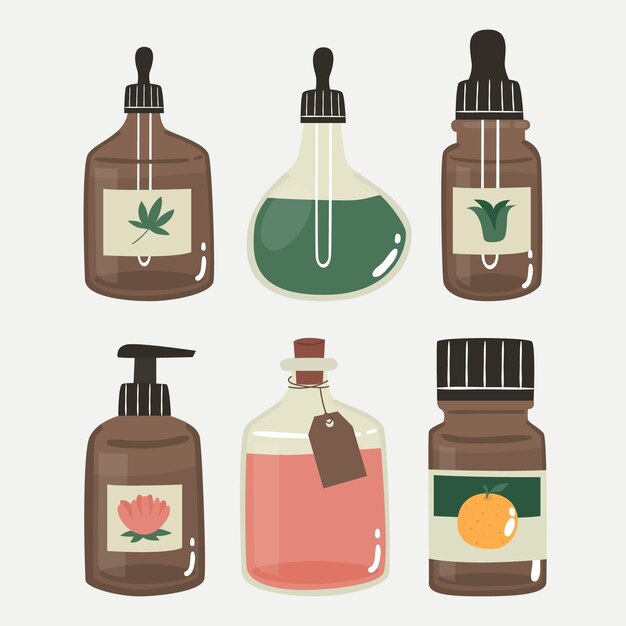 Conjunto de hierbas de aceite esencial para dibujar a mano plana
