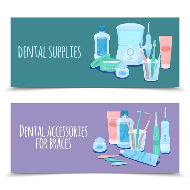 Vector gratuito conjunto de higiene dental de dos pancartas horizontales con imágenes planas de pastas dentales, cepillos de dientes e ilustración vectorial de texto adornado