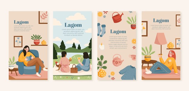 Conjunto de historias de ig de lagom planas dibujadas a mano