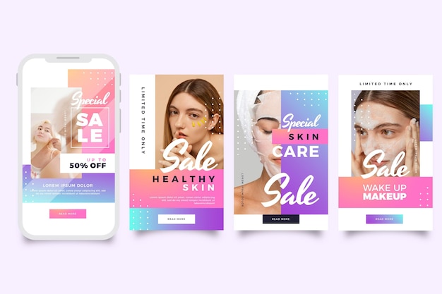 Vector gratuito conjunto de historias de instagram de belleza degradada