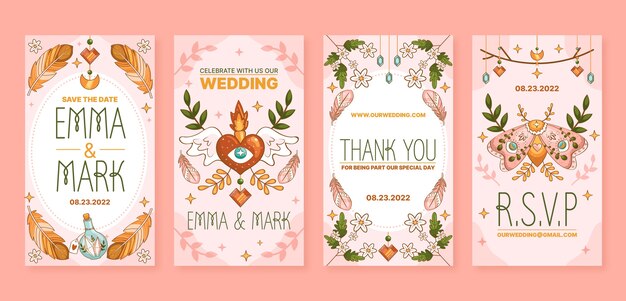 Conjunto de historias de instagram de boda boho dibujadas a mano