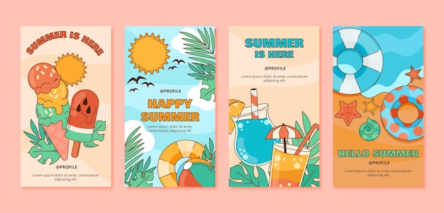 Conjunto de historias de instagram dibujadas a mano de verano