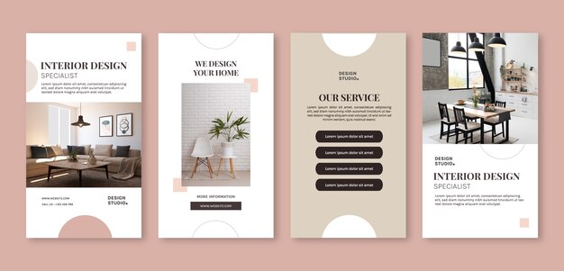 Conjunto de historias de instagram de diseño de interiores mínimo de diseño plano