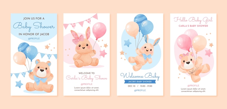 Vector gratuito conjunto de historias de instagram de fiesta de baby shower en acuarela