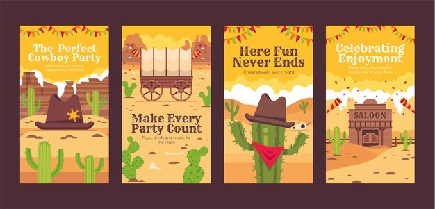 Conjunto de historias de instagram de fiesta vaquera de diseño plano