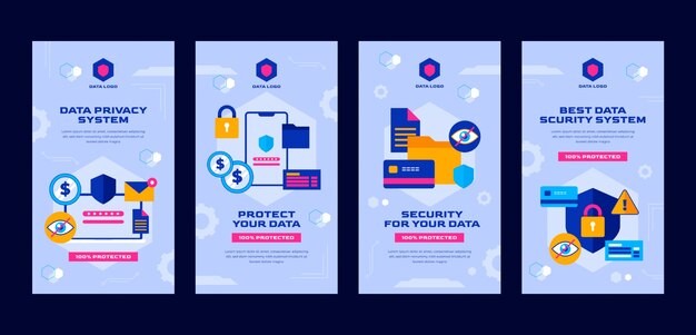 Conjunto de historias de instagram de privacidad de datos de diseño plano
