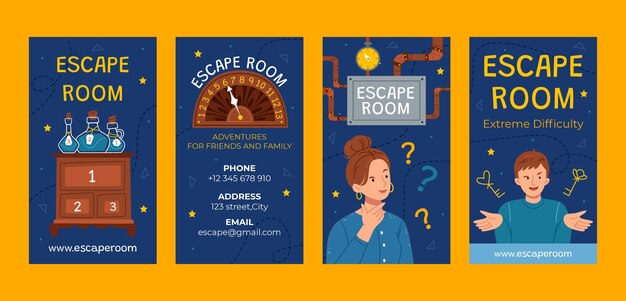 Conjunto de historias de instagram de sala de escape dibujadas a mano