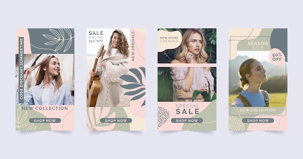 Vector gratuito conjunto de historias de venta de moda con foto