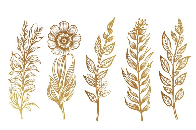 Vector gratuito conjunto de hojas de flores de primavera dibujadas a mano de oro plano