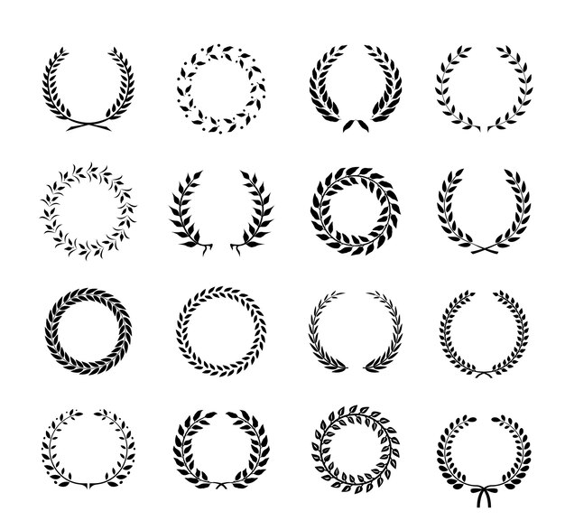 Conjunto de hojas de laurel circular de silueta en blanco y negro y coronas de trigo que representan un logro de premio